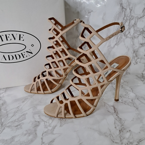 Steve Madden Slithur Blush Caged Sandal Nubuck Heels Size 8 - Picture 4 of 16